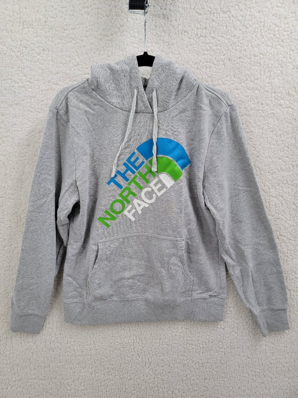The North Face Womens Hoodie Large Gray Blue Green Diagonal Graphic Pullover L/G